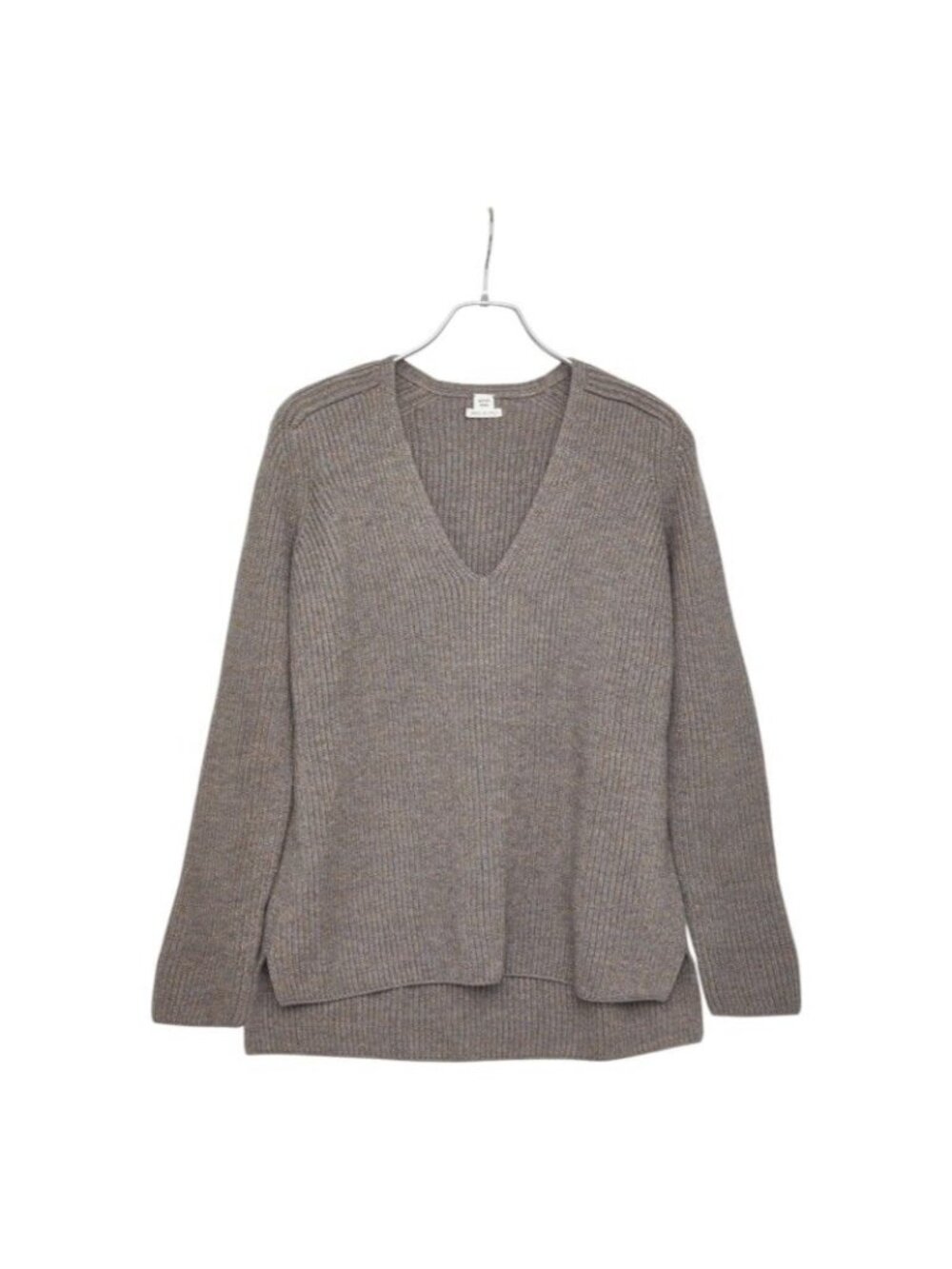 Hermes Shoulder Padded V-neck Rib Knit Sweater Gray Beige Wool